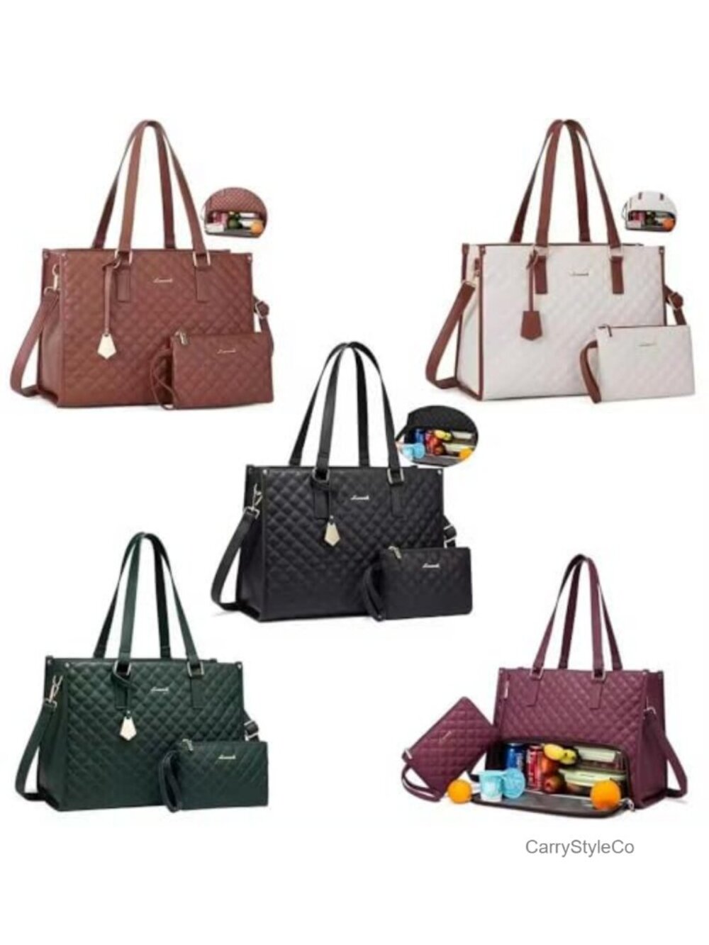 Insulated Lunch Bag Tote 2-in-1 Quilted Polyester 15.6" Laptop Work